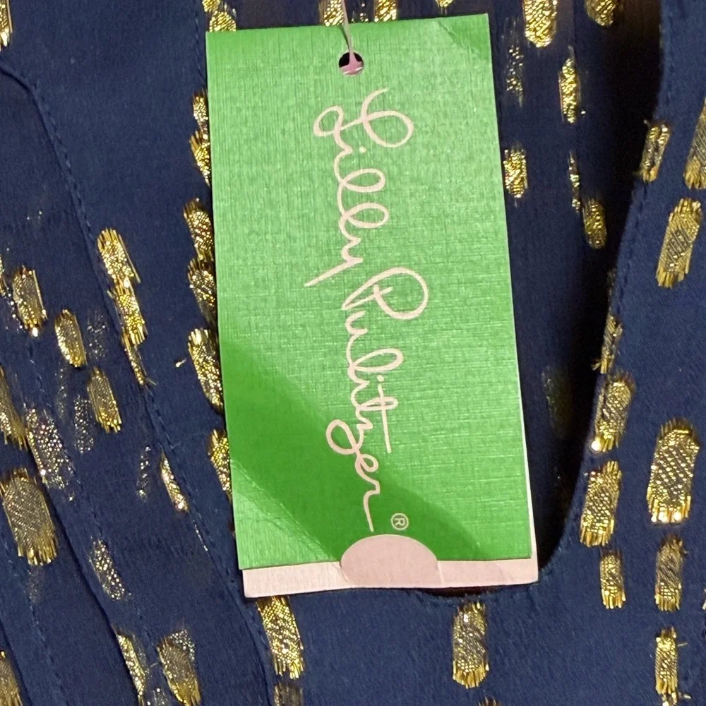 Lilly Pulitzer True Navy Gold Bubble Clip Dot Jacquard Blouse Top XS NWT SILK - Picture 6 of 11